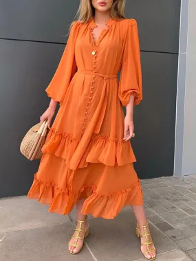Airchics robe longue boutons à volantée avec ceinture élégant bal de promo orange
