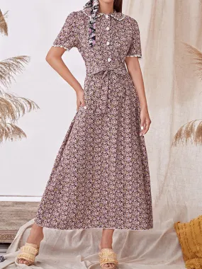 Airchics robe longue imprimé à fleurie ceinture col claudine manches courtes mode