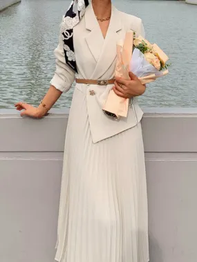 Blanc Robe Longue Blazer Irrégulière Revers avec Bas Plis et Ceinture