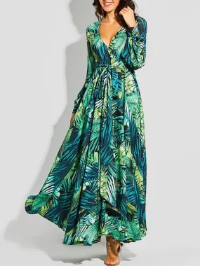 Mode Robe Imprimée Tropicale Feuille Longue de Plage avec Ceinture